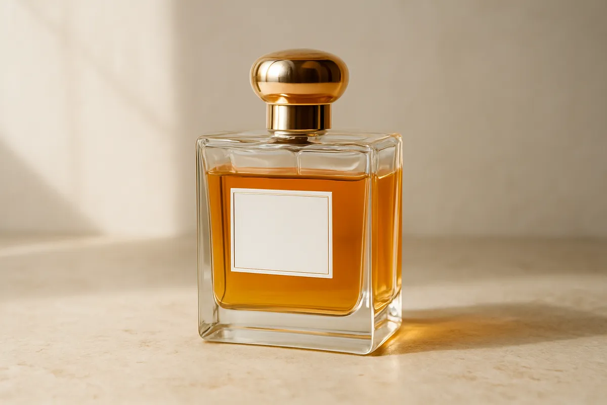 A perfume bottle with golden liquid and a round gold cap