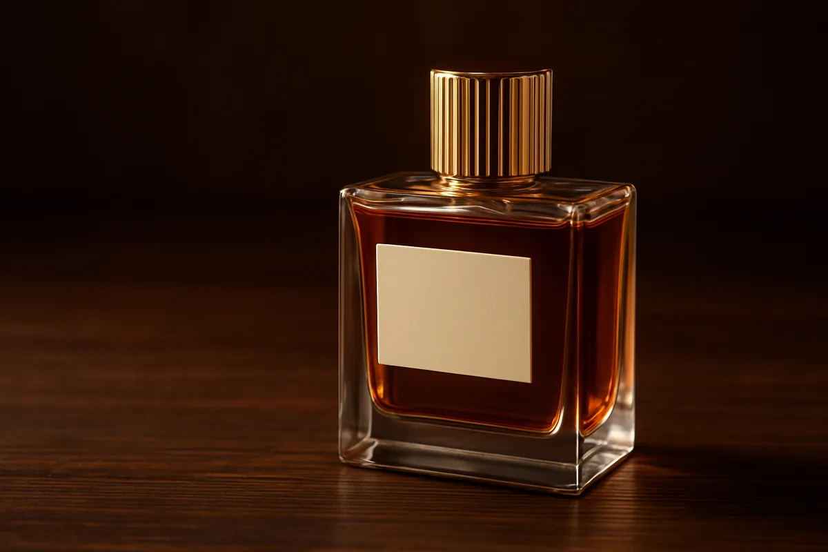A perfume bottle with dark amber liquid and a gold cap