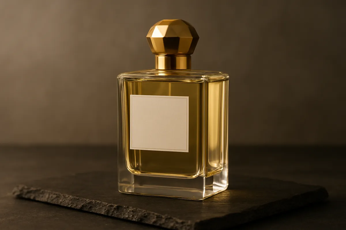 A tall perfume bottle with pale gold liquid and a gold cap