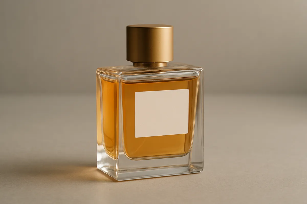 A small perfume bottle with amber liquid and a gold cap